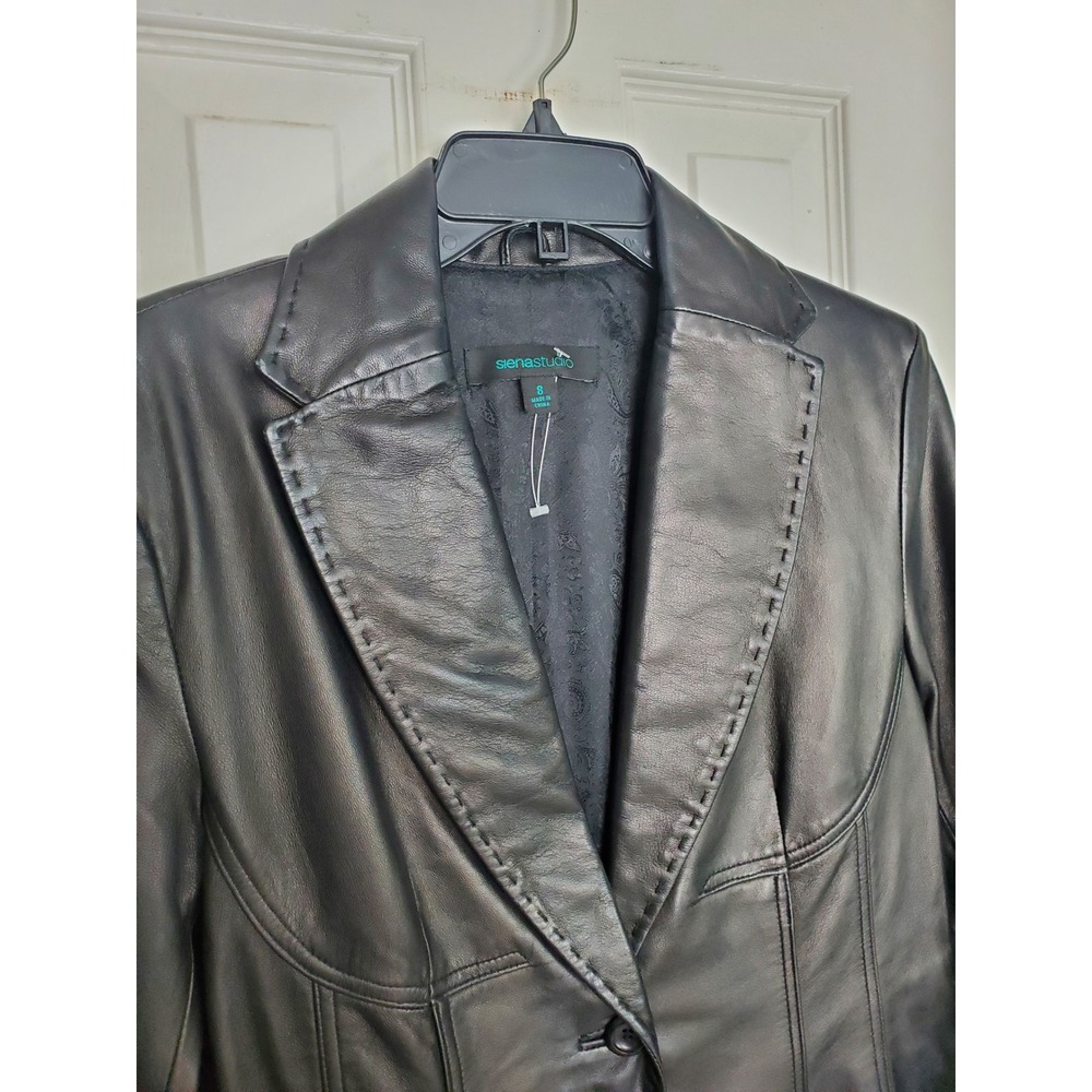 Siena Studio 90s Leather Blazer Black Whipstitch One Button Jacket Size 8 - Picture 2 of 8